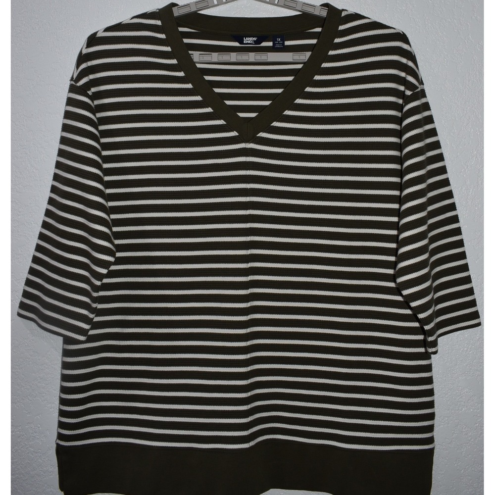 Lands End Womens 1X Olive Green White Striped V-Neck 3/4 Sleeve Top 16W-18W